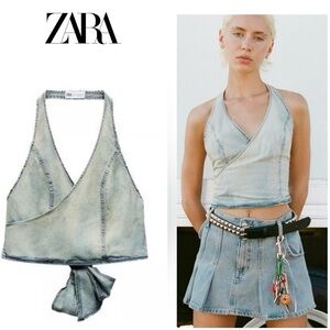 Zara denim Jean cropped halter top wrap light wash open back tie back Sz M NWOT